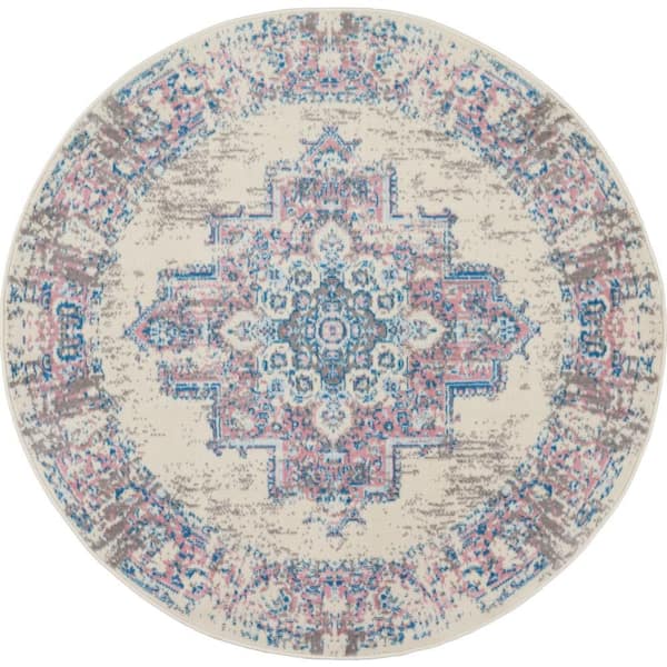 Nourison Grafix Ivory/Pink 4 ft. x 4 ft. Persian Medallion Transitional Round Rug