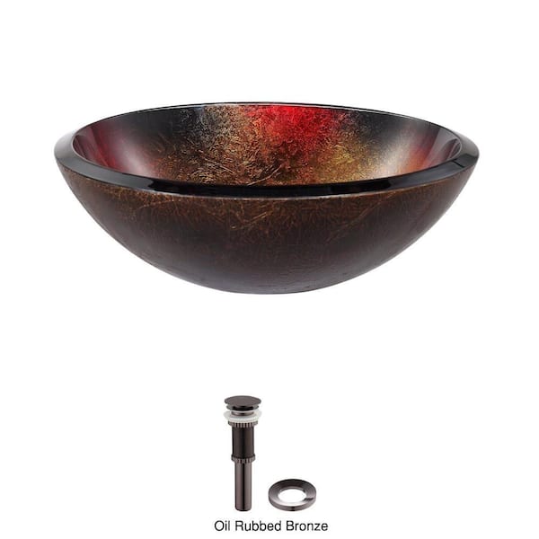 KRAUS Mercury Glass Vessel Sink in Red and Gold with Pop-Up Drain and Mounting Ring in Oil Rubbed Bronze