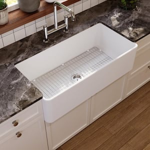 Grove White Fireclay 36 in. L x 18 in. W Rectangular Single Bowl Farmhouse Apron Kitchen Sink with Grid and Strainer