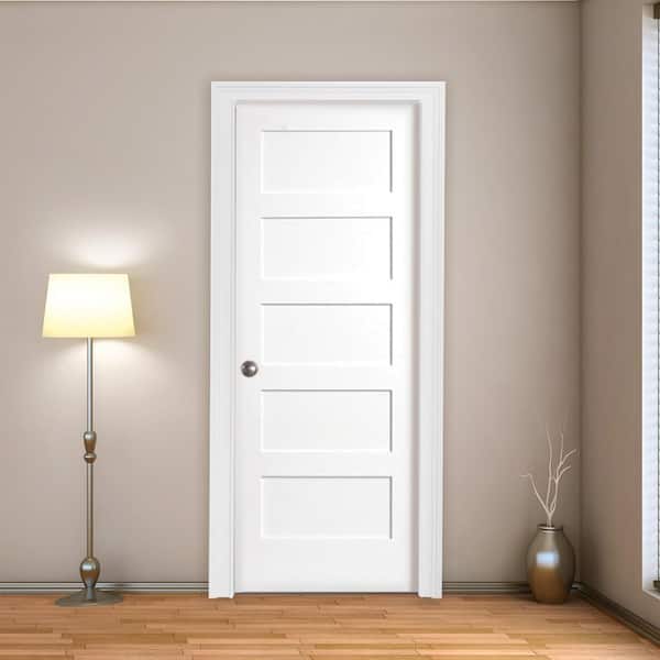 28 in. x 80 in. 5-Panel White Primed Shaker Solid Core Wood Interior Door Slab with Bore