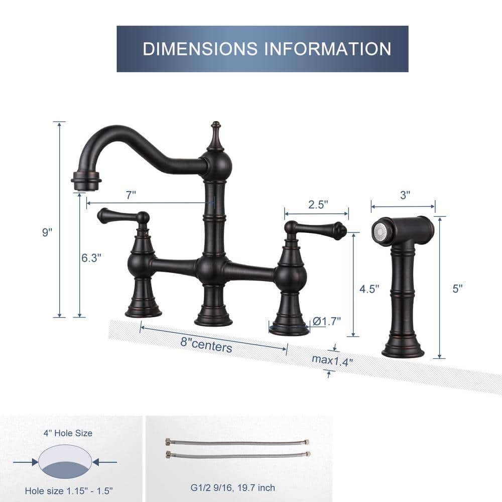 Oil Rubbed Bronze Double Handle Bridge Kitchen Faucet with Side Sprayer