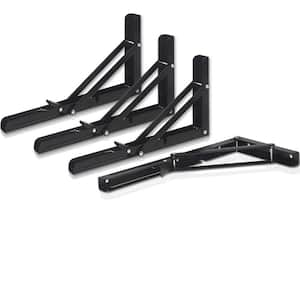 16 in. Heavy Duty Metal Folding Wall Mounted Space Saving Shelf Brackets for Bench Table, Black (4-Pack)