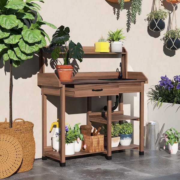 Outsunny - 45.25 in. W x 48.5 in. H Dark Brown Potting Bench Table, Outdoor Garden Table Wooden Work Station with Removable Sink
