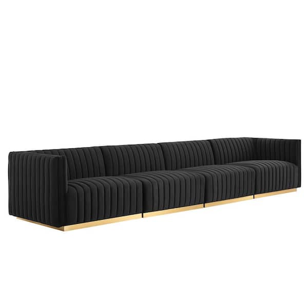 MODWAY Conjure 154 in. W Channel Tufted Performance Velvet 4-Piece Sofa in Gold Black