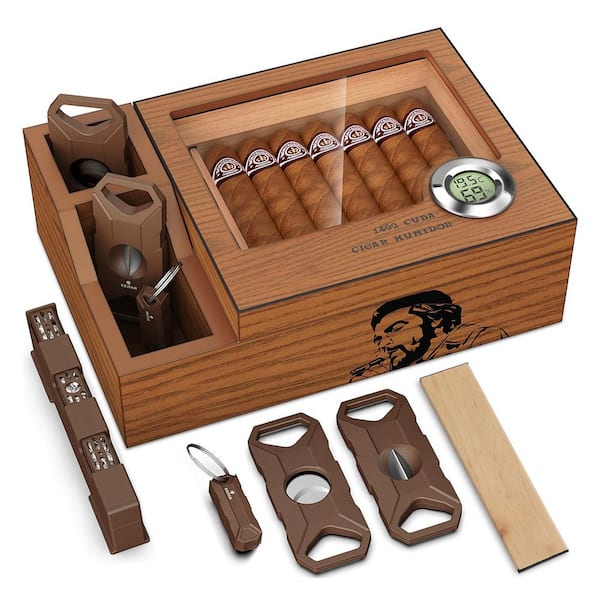 10.25 in. W x 3.14 in. H Cedar Wood Cigar Humidor with Glass Top, Accessory Storage, Digital Hygrometer and Humidifier