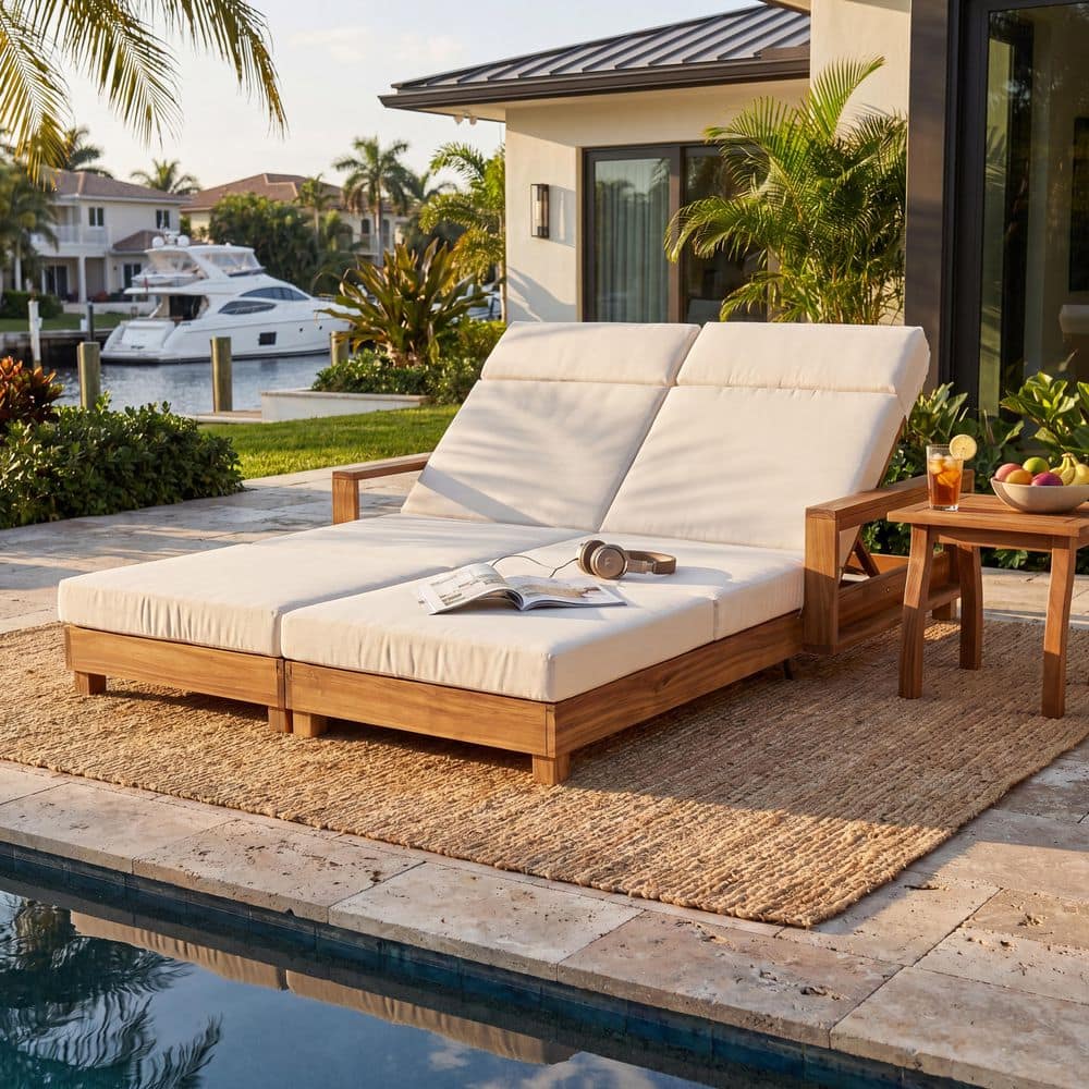 Caleb Natural Finish Wood Adjustable Patio Outdoor Double Chaise Lounge with 4-Fold Cream Cushions