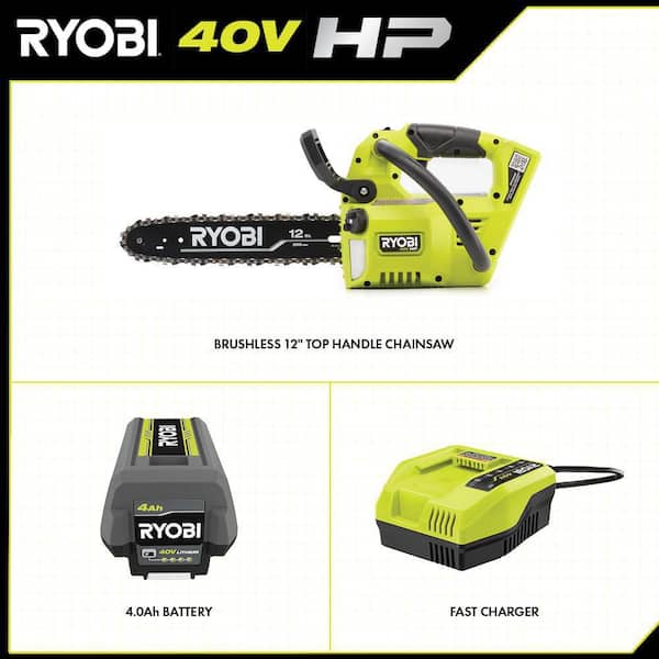 RYOBI 40V HP Brushless 12 in. Top Handle Battery Chainsaw with 4.0