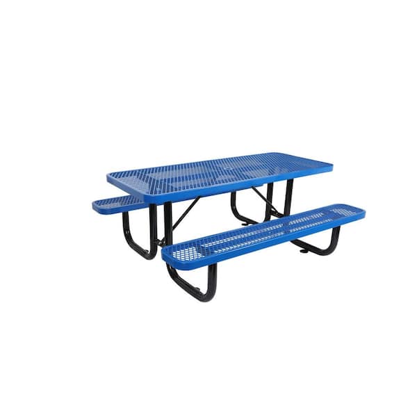72.2 in. Blue Rectangle Carbon Steel Picnic Table Seats 6-People with Umbrella Hole