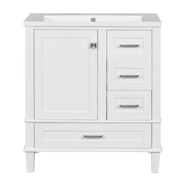 Ami 30 in. W White Freestanding With White Resin Top Bathroom Vanity Cabinet With 3 Drawers