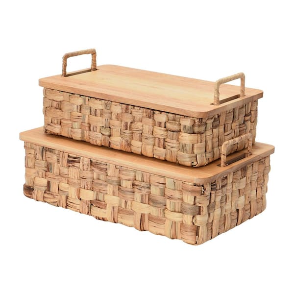 HOUSEHOLD ESSENTIALS Natural Hyacinth Rectangular stackable Baskets with Oak Lids (Set of 2)