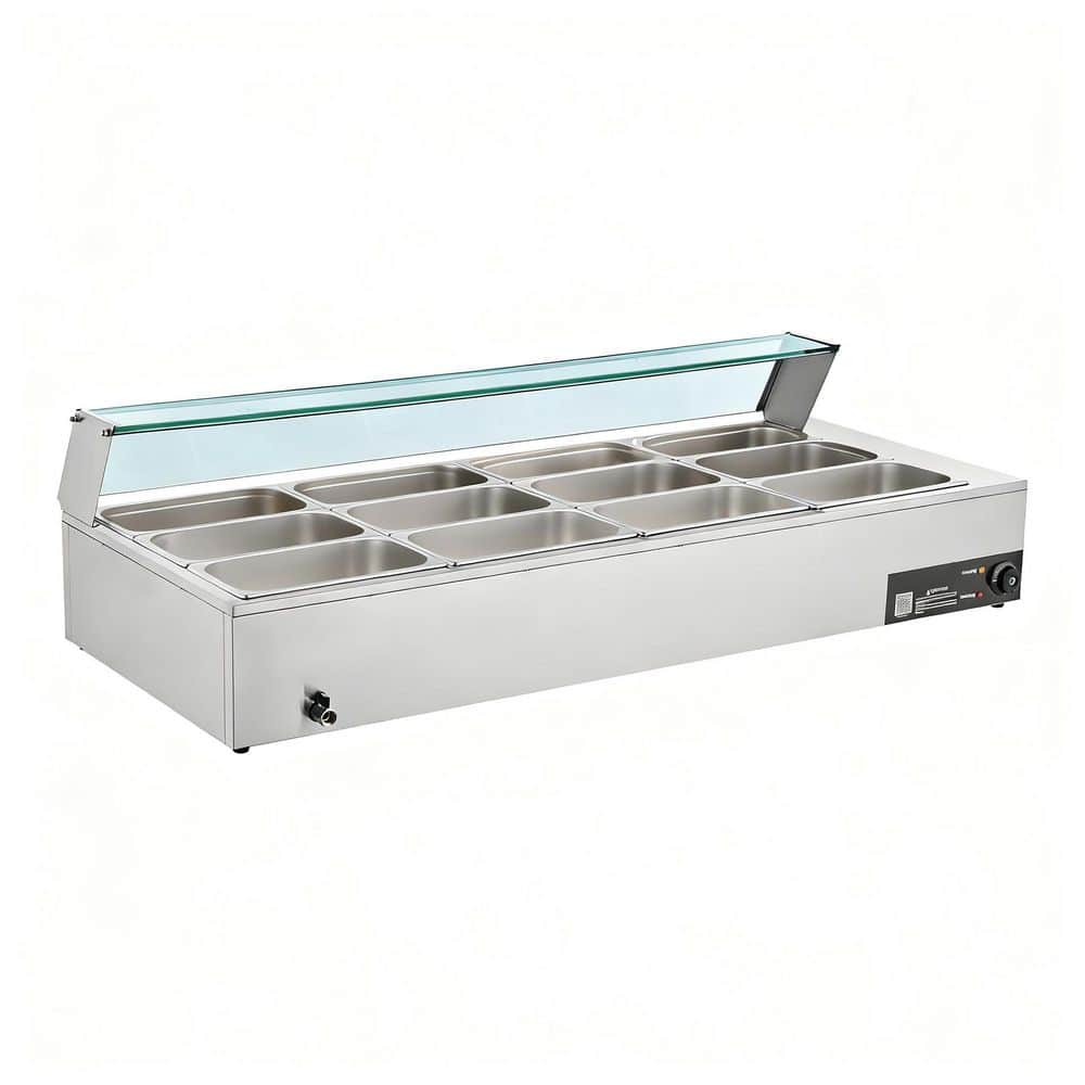 Commercial Food Warmer, 1700W Electric Stainless Steel Steam Food Warmer, 12-Pan, for Catering, Restaurant & Party