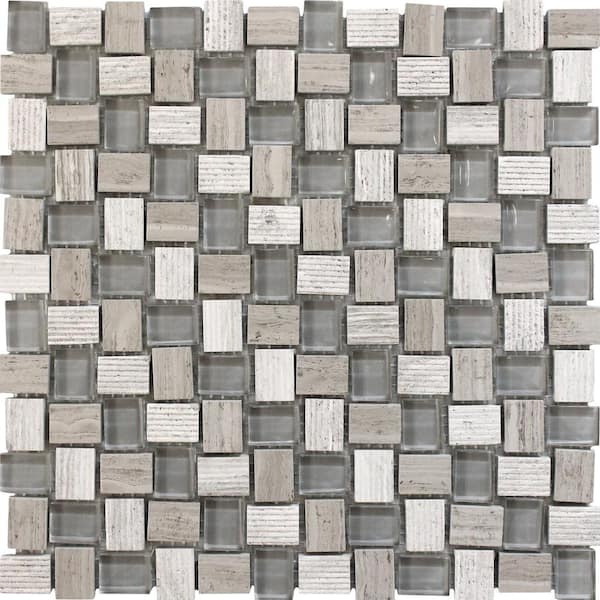 Apollo Tile Gray & Beige 4 in. x 5 in. Mini Brick Carrara and Glass Polished Mosaic Floor and Wall Tile Sample (0.13 sq. ft./Piece)