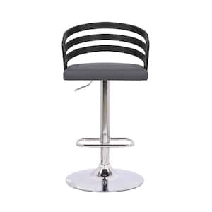 Gray Faux Leather Black Wood and Chrome Adjustable Swivel Bar Stool