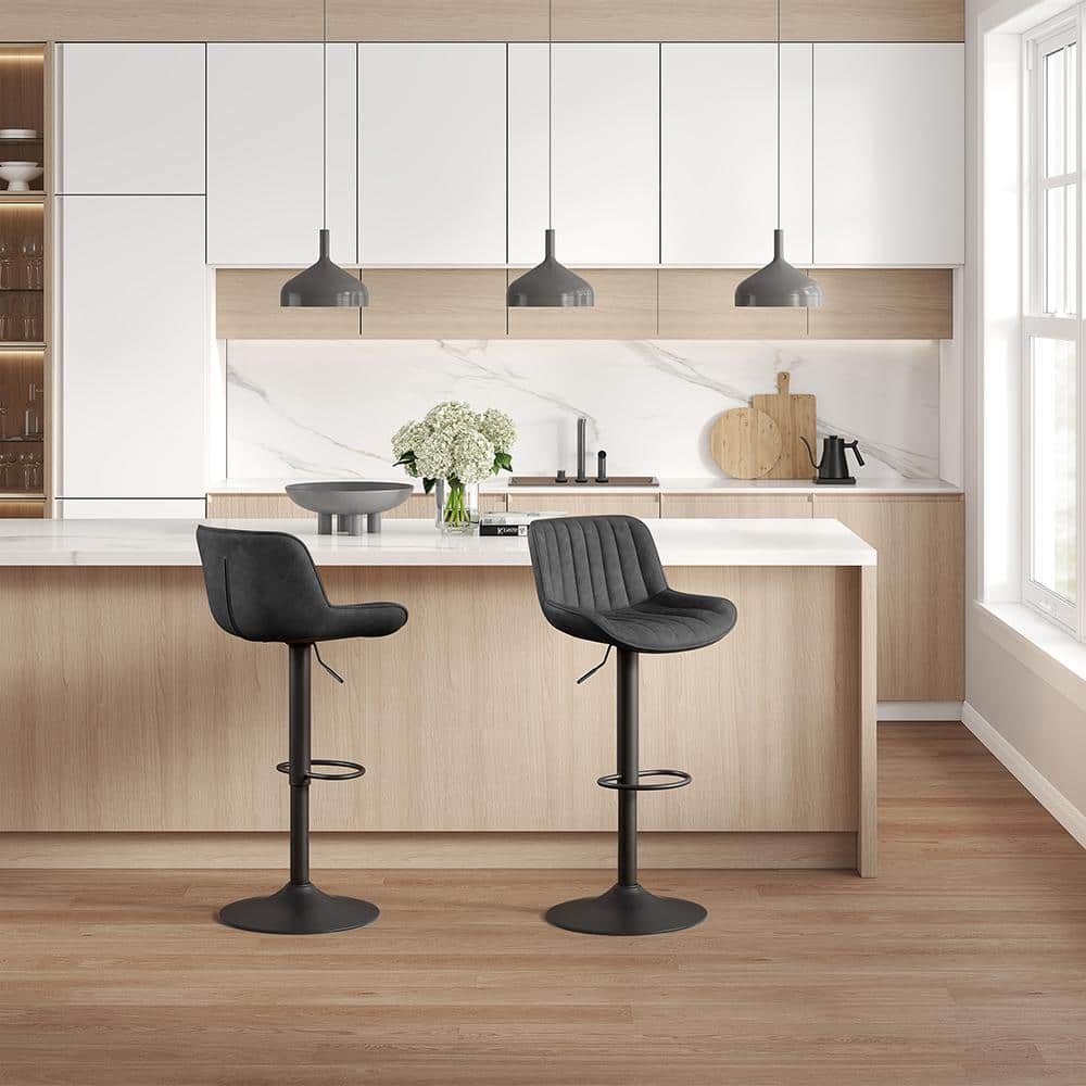 Zouron Adjustable Swivel Bar Stools, Black Faux Leather & Metal