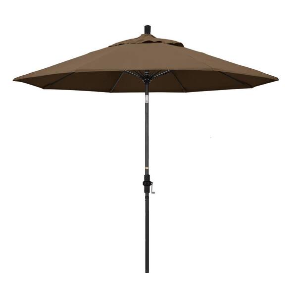 California Umbrella 9 ft. Matted Black Aluminum Market Patio Umbrella with Fiberglass Ribs Collar Tilt Crank Lift in Cocoa Sunbrella