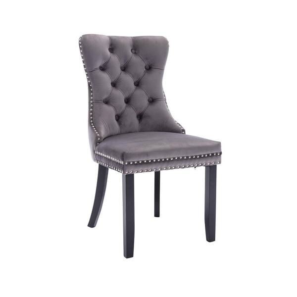 Wood Legs Nailhead Trim Set, Grey Velvet Dining Chair Wooden Legs