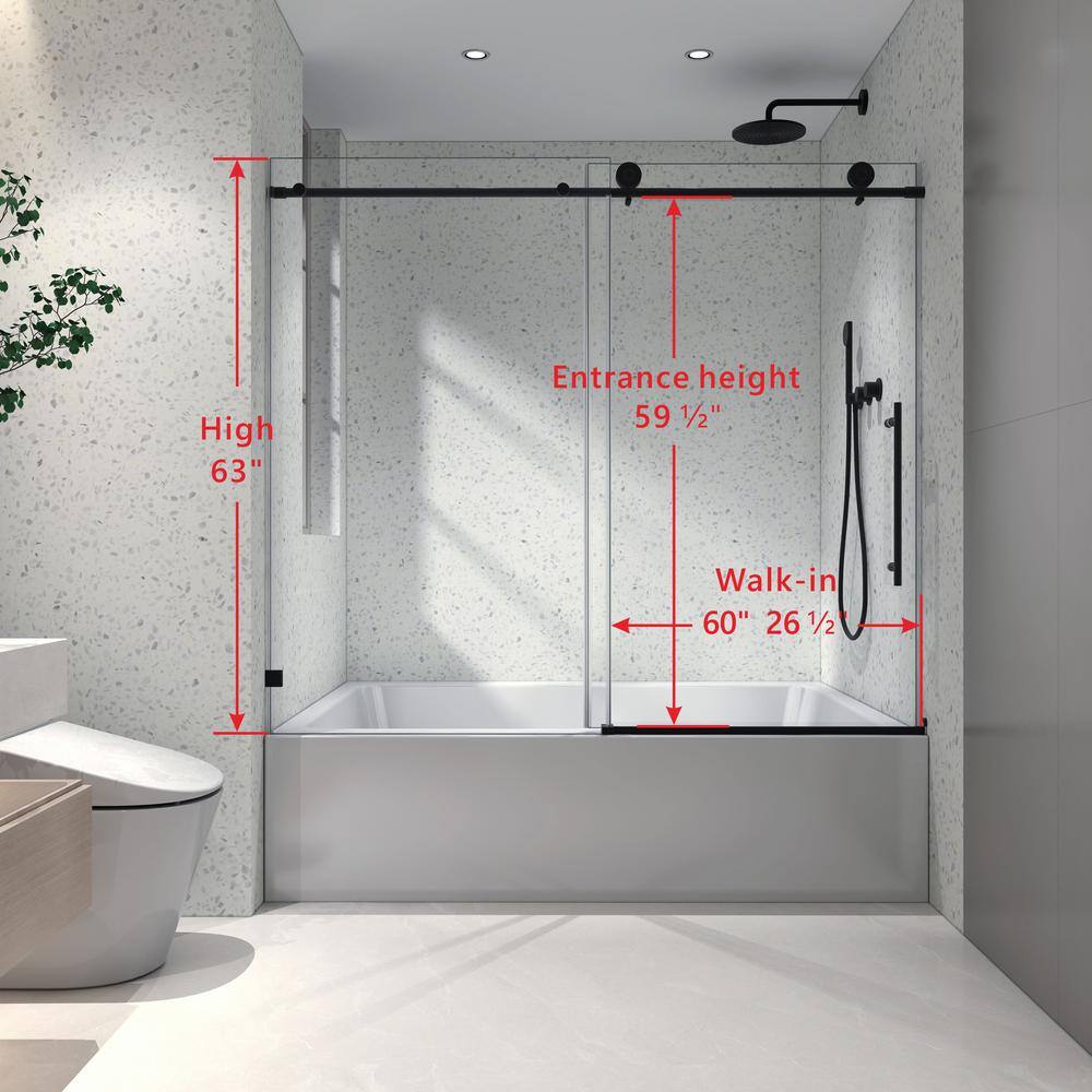 60" Matte Black Frameless Sliding Shower Door with Clear Glass