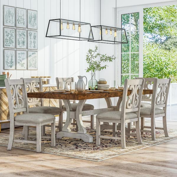 Furniture of America Wicks 7-Piece Rectangle Distressed White and Dark Oak Wood Top Dining Set