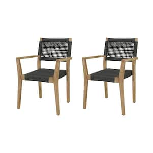 Dark Gray Wood Outdoor Dining Chair with Woven Seat and Back (2- Pack)