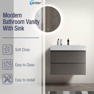 30 in. W x 18 in. D x 25 in. H Single Sink Floating Bath Vanity in Gray with White Solid Surface Top