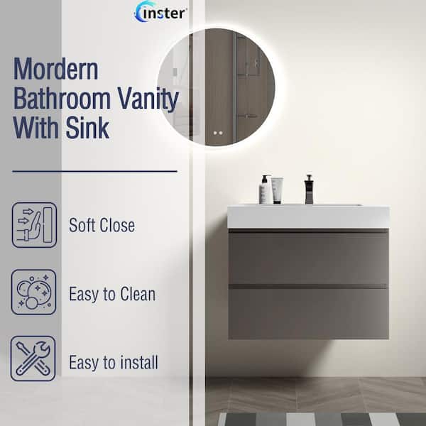 NOBLE 30 in. W x 18 in. D x 25 in. H Single Sink Floating Bath Vanity in Gray with White Solid Surface Integral Top