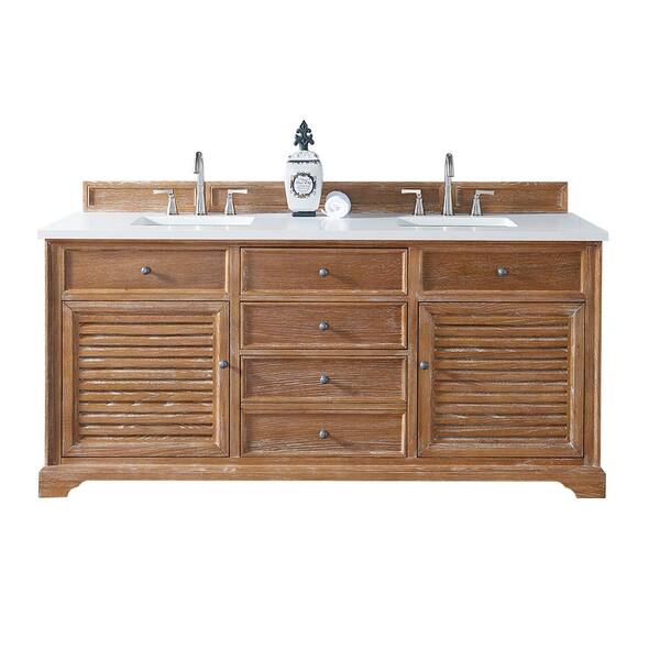 James Martin Signature Vanities Savannah 72 in. W Double Vanity in Driftwood with Quartz Vanity Top in White with White Basin