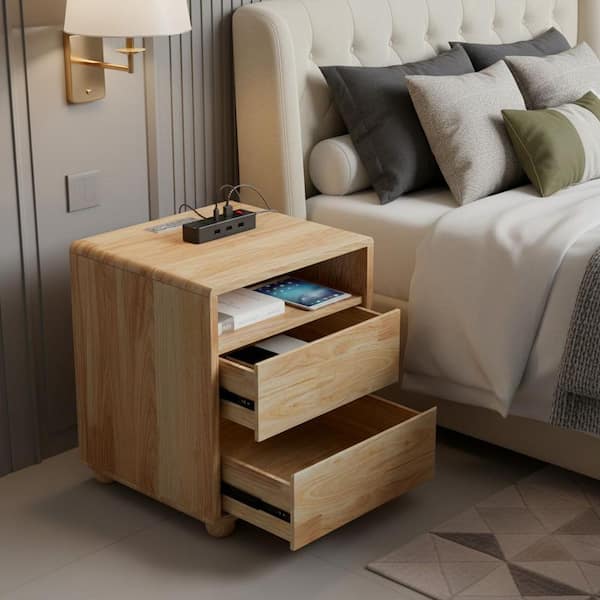 Natural Solid Wood Nightstand with 2-Drawer and Charging Station, Bedside Table with USB and Type-C Ports for Bedroom