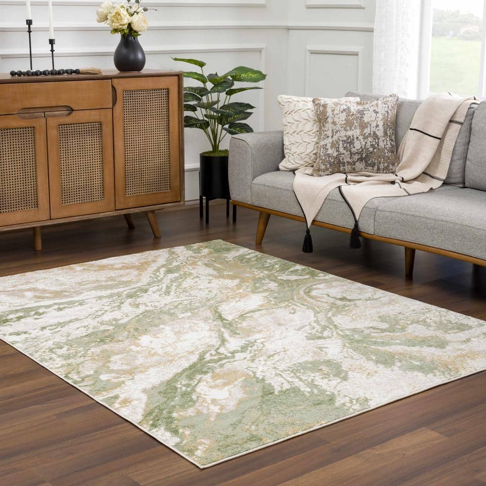 Green and Cream Abstract Polypropylene Area Rug 6'7" x 9'
