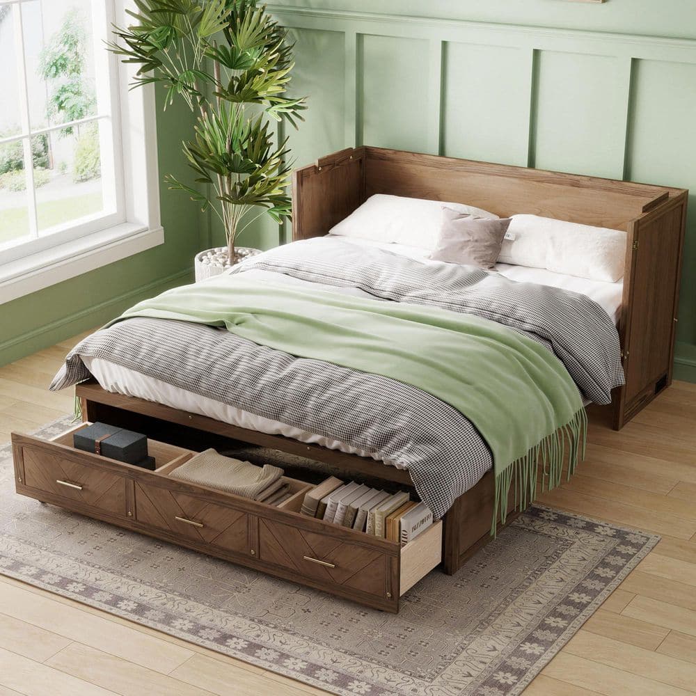 Light Walnut Brown Wood Frame Queen Size Murphy Bed with Large Drawer, USB Charging Port, Transform to the Cabinet price history on PriceWatchPro