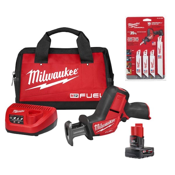 Milwaukee M12 FUEL 12-Volt Lithium-Ion Cordless Hackzall Reciprocating Saw Kit with Hackzall Blades Kit Storage Pouch (10-Piece)