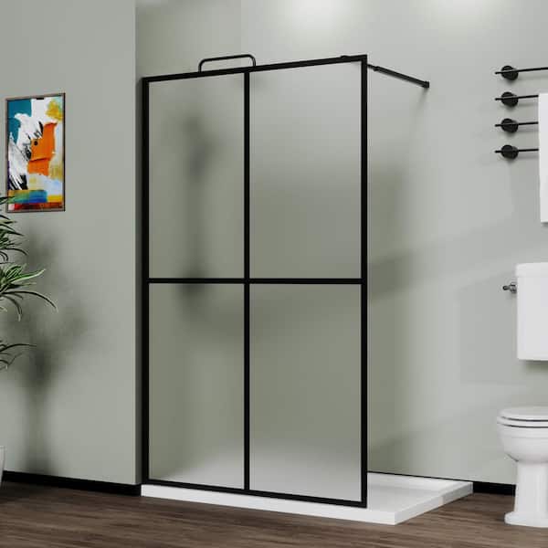 Unbranded 34 in. W x 72 in. H Single Fixed Framed Shower Door in Black Finish with Frosted Glass