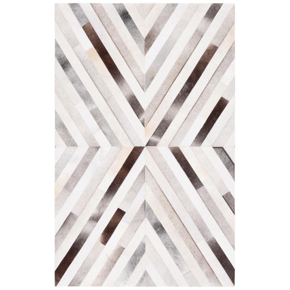 Handmade Gray Geometric Cowhide Square Rug, 5' x 8'