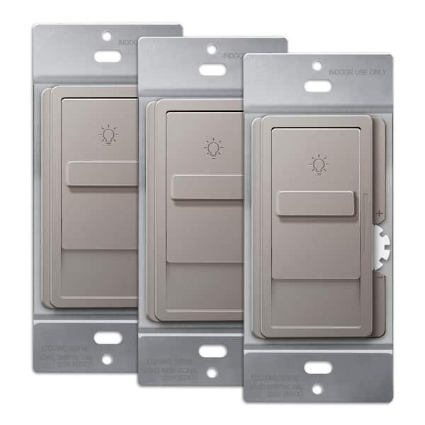 Kalide 200-Watt Single Pole Slide Dimmer Light Switch, No Neutral, Nickel (3-Pack)