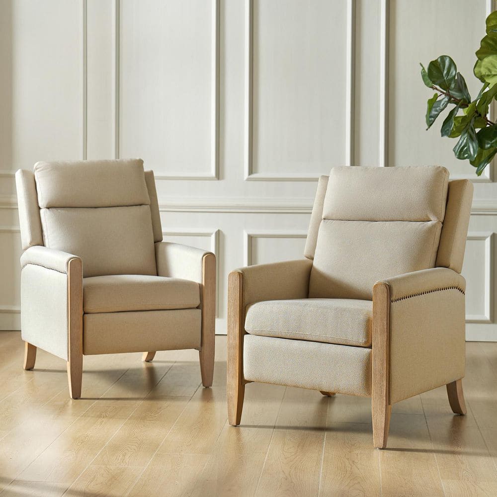 Ugo Beige Polyester Push Back Manual Recliner with Solid Wood Legs (Set of 2)