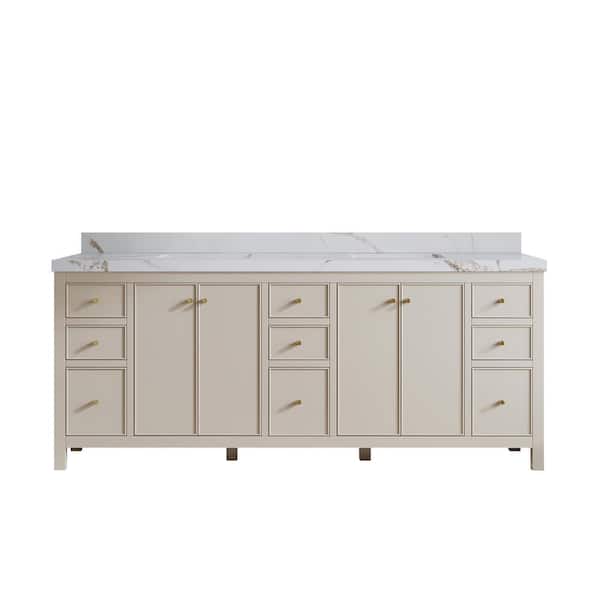 Willow Collections Chicago 84 in. Double Sink Freestanding Fine Grain Bath Vanity with Calacatta Gold Qt. Top Unassembled