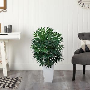 3 ft. Artificial Bamboo Palm Plant in White Metal Planter