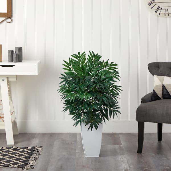 Nearly Natural 3 ft. Artificial Bamboo Palm Plant in White Metal Planter