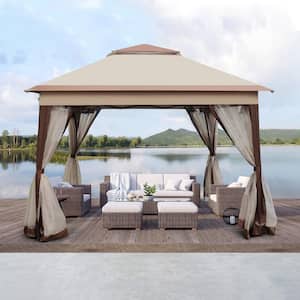 11 ft. x 11 ft. Brown Outdoor Pop-Up Gazebo Canopy, 2-Tier Soft Top Event Tent for Patio Backyard Garden, Camping Area