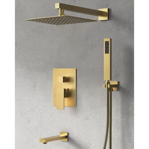 3-Spray Square High Pressure Wall Bar Shower Kit Tub and Shower Faucet with Hand Shower in Brushed Gold (Valve Included)