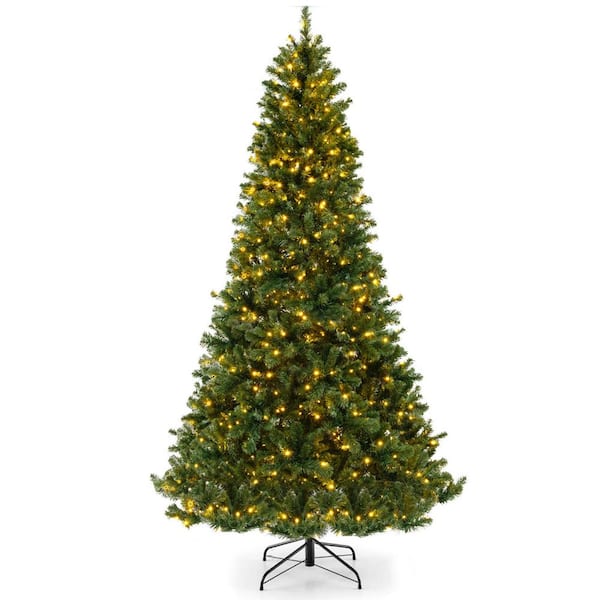ANGELES HOME 8 ft. Green Pre-Lit Hinged Christmas Tree with PVC Branch Tips Warm White LED Lights
