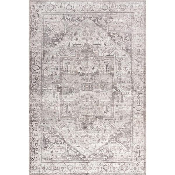 Atrium Medallion Spill Proof Washable Grey 10 ft. x 14 ft. Indoor Area Rug