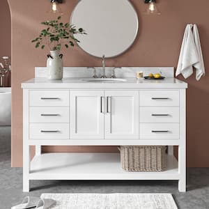 Magnolia 55 in. W x 22 in. D x 36 in. H Bath Vanity in White with Carrara Marble Vanity Top in White with White Basin