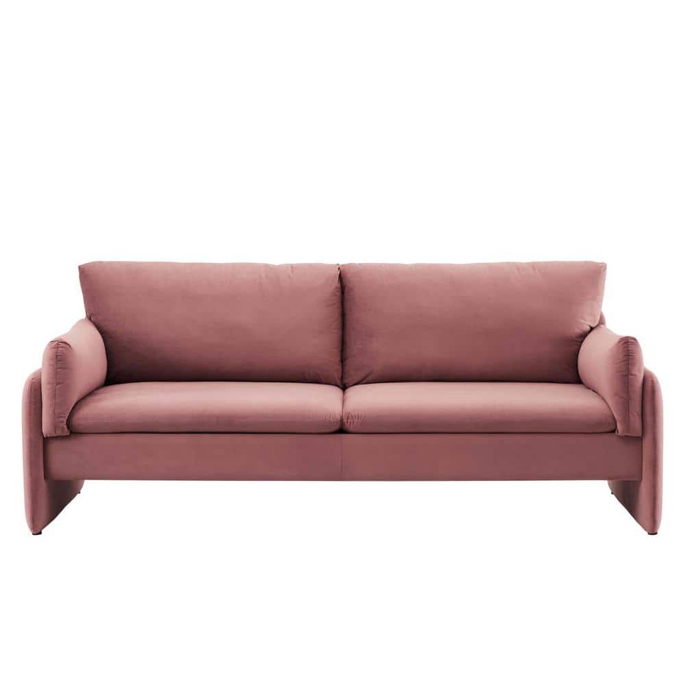 Dusty Rose Velvet Rolled Arm Lounge Sofa with Wood Accents