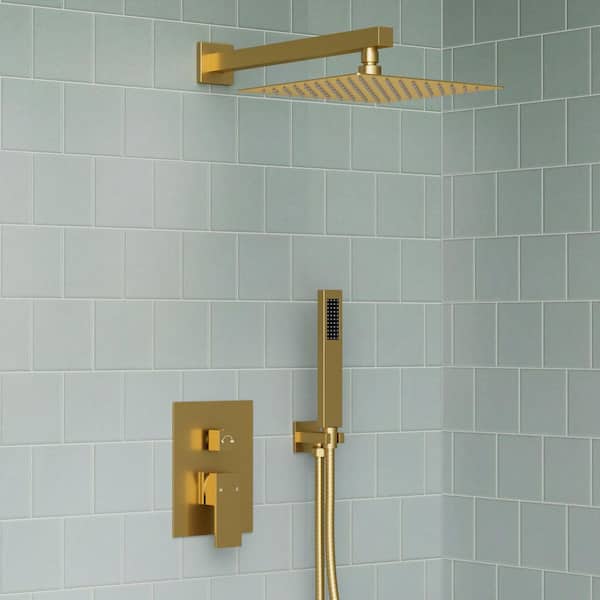 2-Spray Wall Mount 10 in. Dual Fixed and Handheld Shower Head with High Pressure in Brushed Gold Valve Included