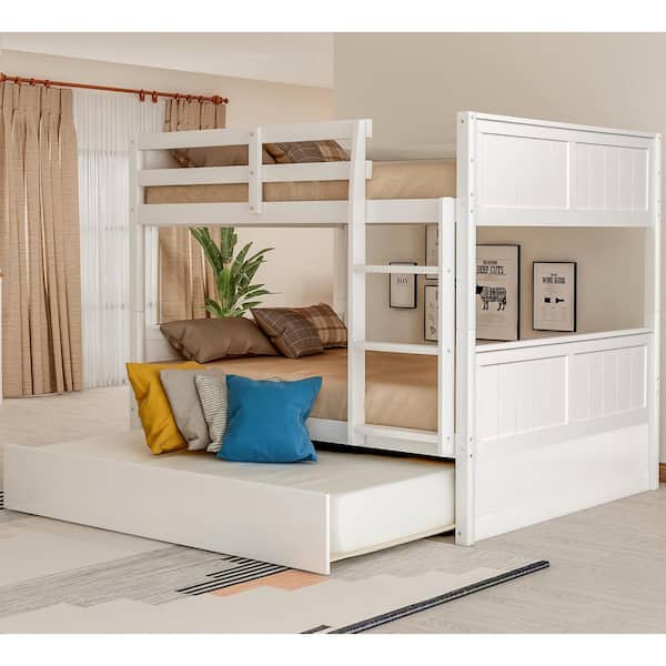 GODEER White Full Over Full Bunk Bed with Twin Size Trundle