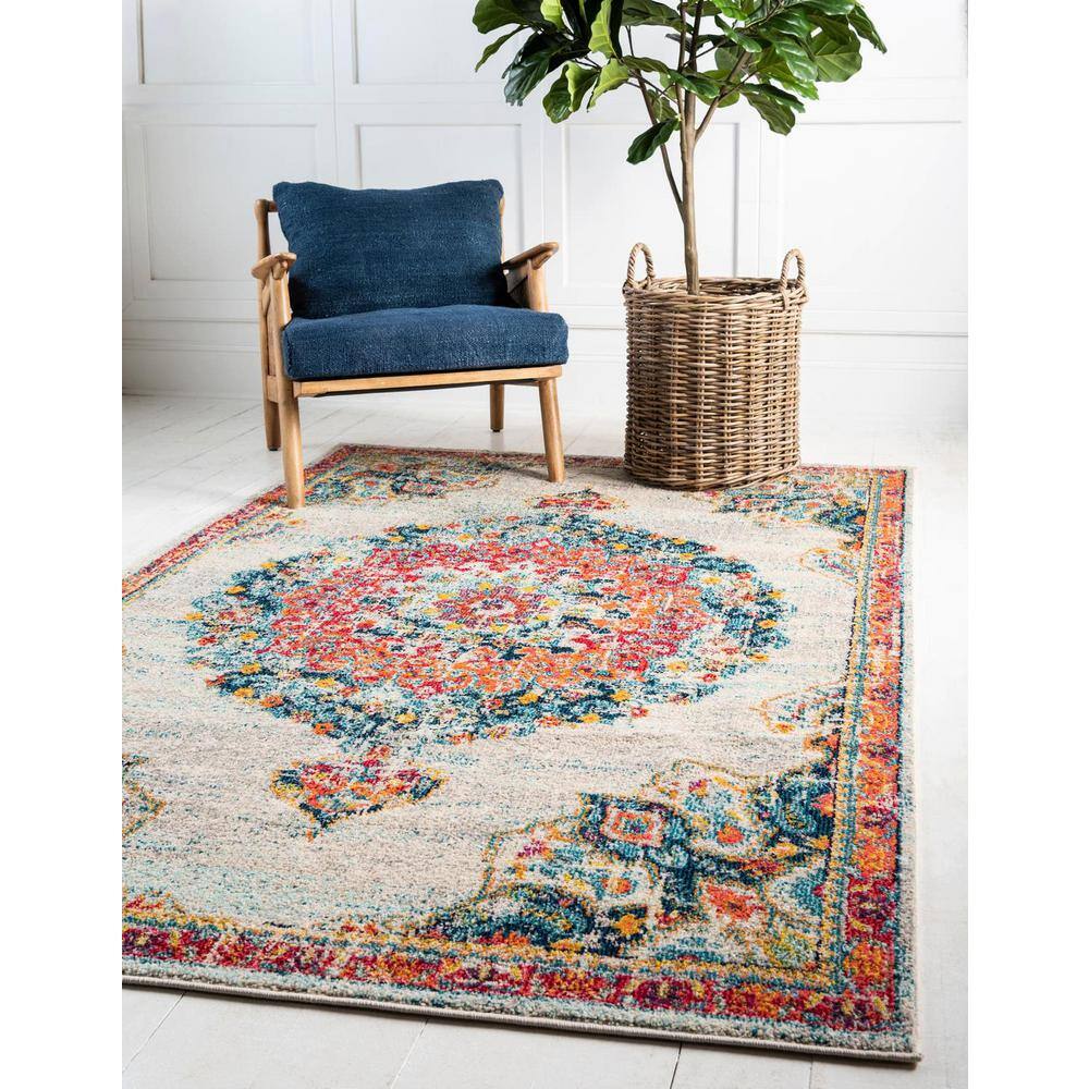 Ivory Rectangular Synthetic Easy Care Area Rug, 9' x 12'