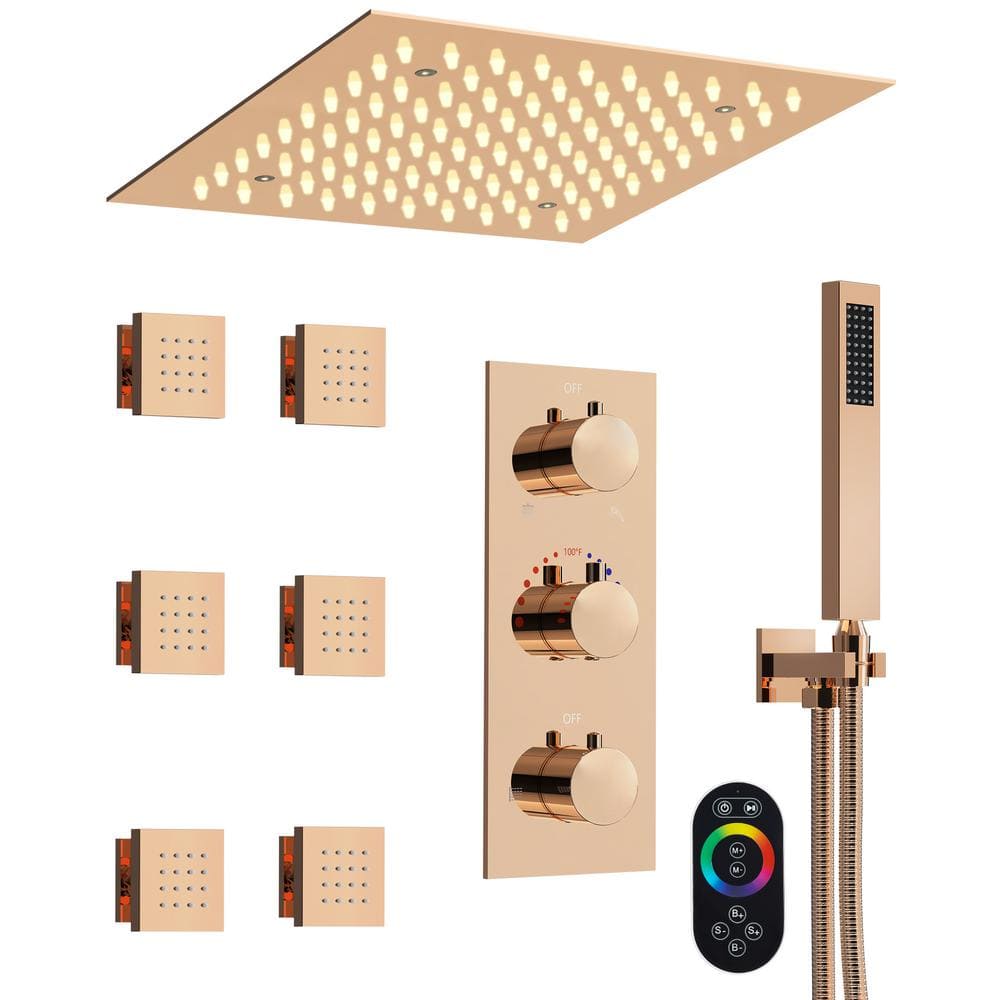 Grandjoy Rose Gold LED Ceiling Mount Shower System with Handheld and Jets