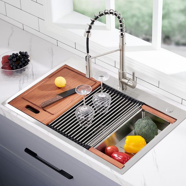 28 in. x 22 in. Drop-In Single Bowl 18 Gauge Brushed Chrome Stainless Steel Kitchen Sink with Bottom Grids
