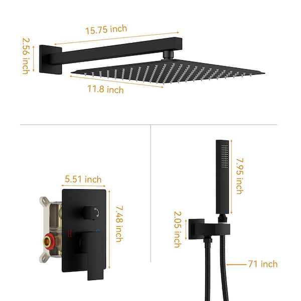 BWE - Rainfall 2-Handle 2-Spray 12 in. Square High Pressure Shower Faucet in Matte Black (Valve Included)