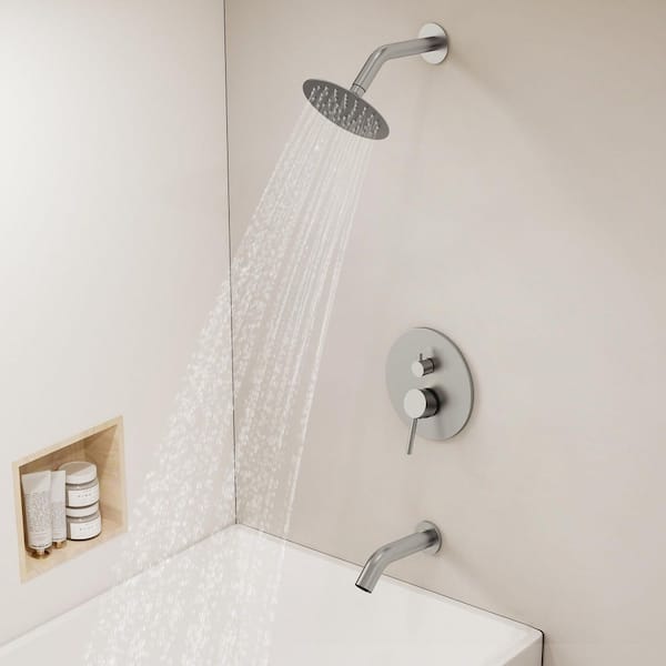 Single Handle 2-Spray 2.5 GPM Tub and Shower Faucet 6 in. Head in Brushed Nickel Valve Included
